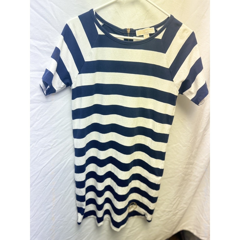 Michael Kors Women's Medium Blue White Striped Cotton Blend Mini Dress Logo